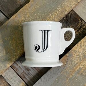EUC. Classic! J {Anthro} Initial Coffee Mug! White Black Monogram Tea Cup